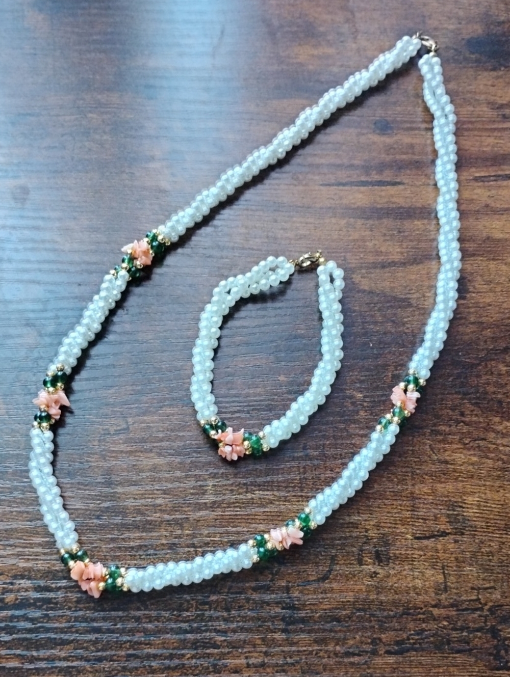 Delicate White Bead Necklace with Pink Floral Accents